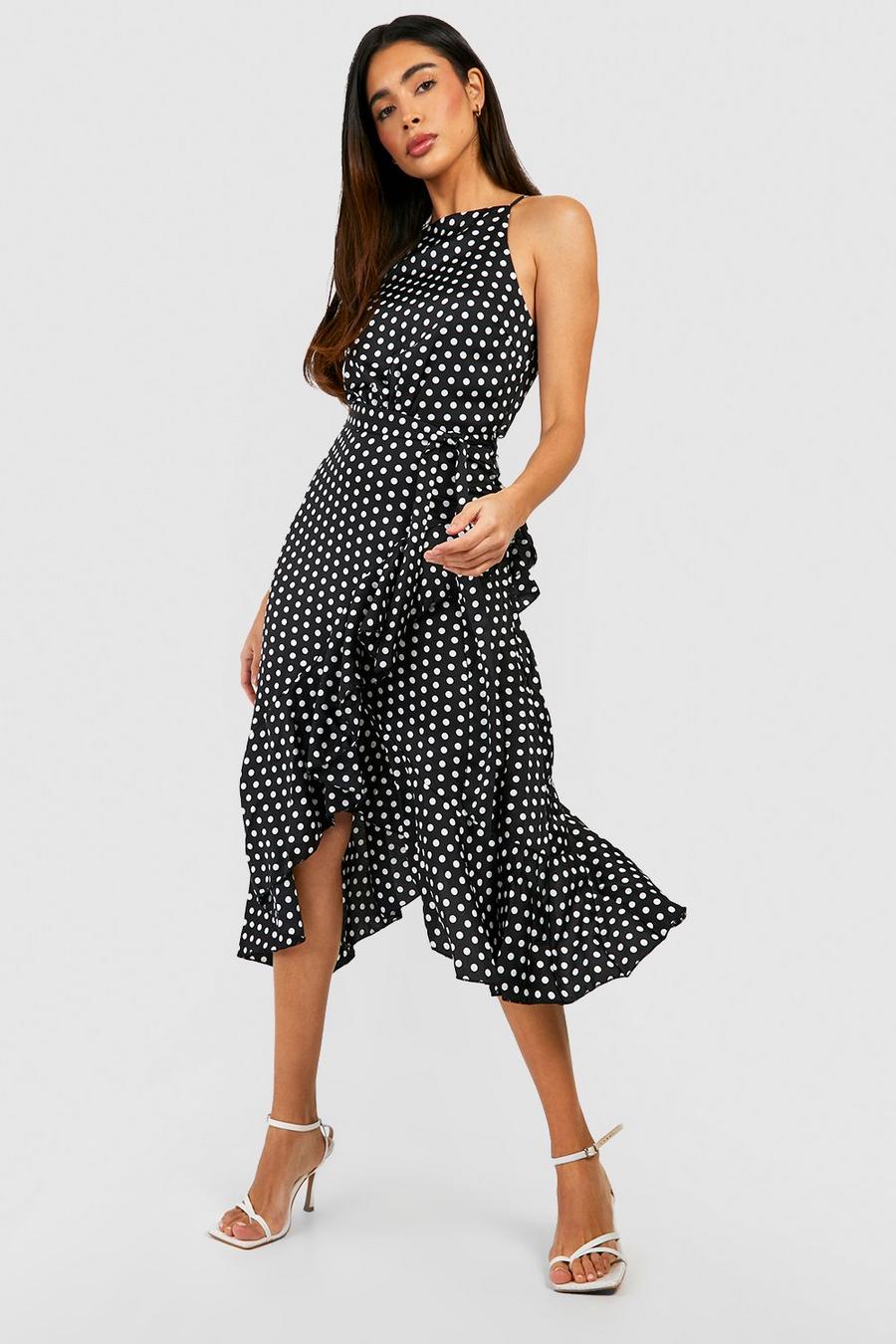 Black Satin Polka Dot Frill Detail Midi Dress image number 1