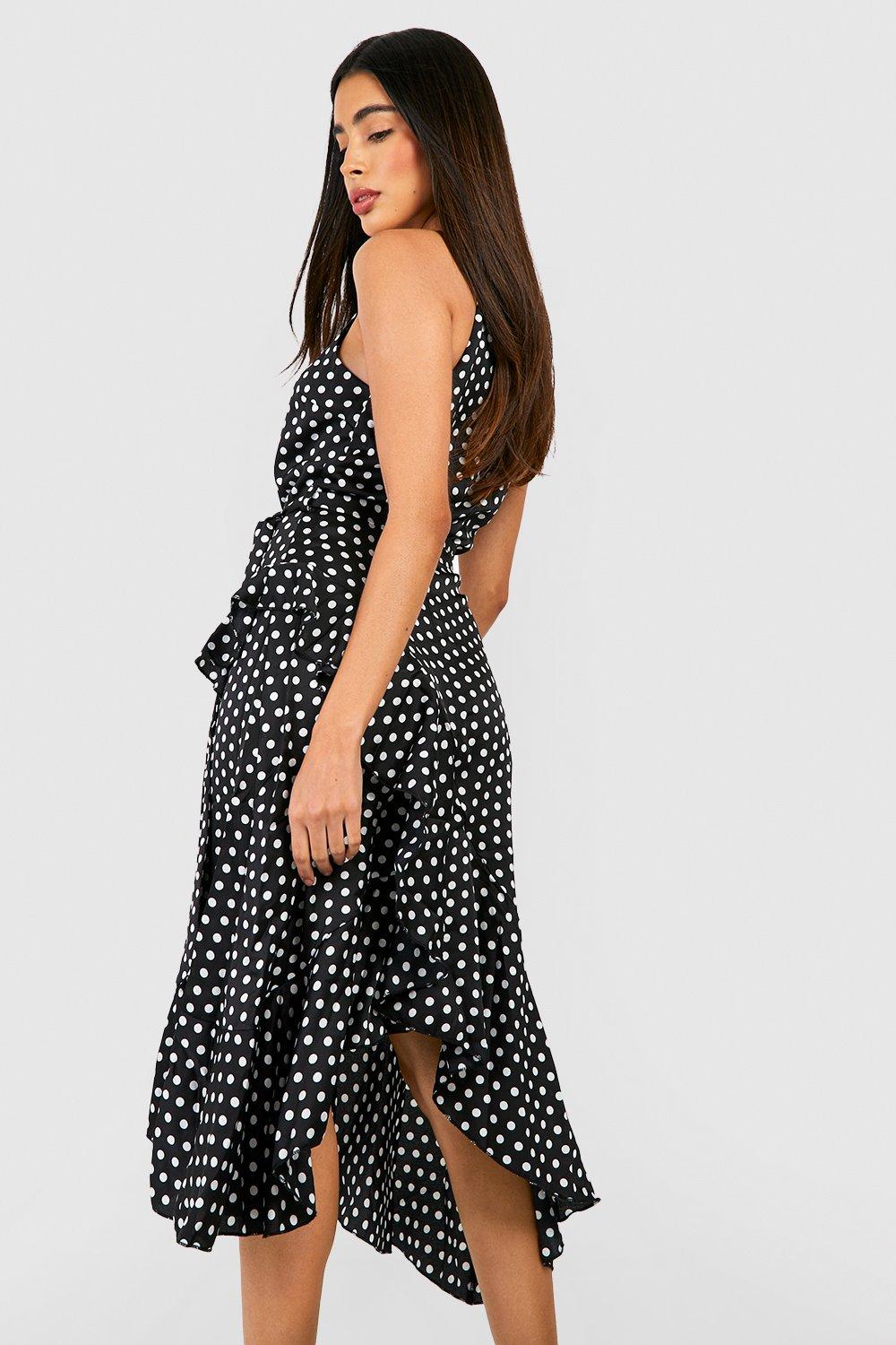 Satin Polka Dot Frill Detail Midi Dress boohoo