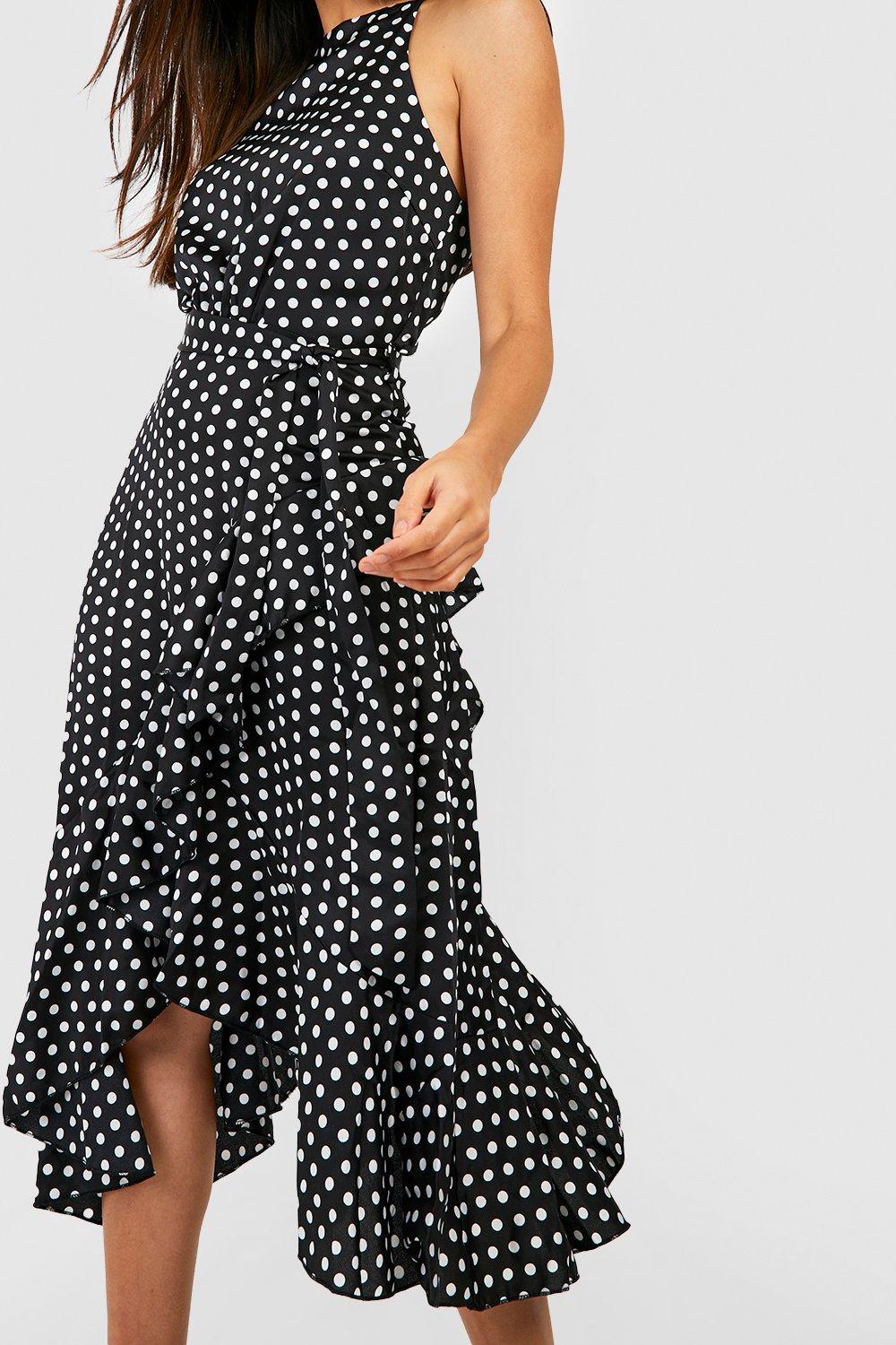 Satin Polka Dot Frill Detail Midi Dress boohoo