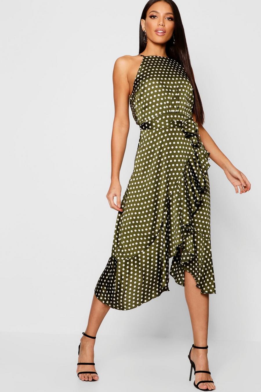 Khaki Satin Polka Dot Frill Detail Midi Dress image number 1