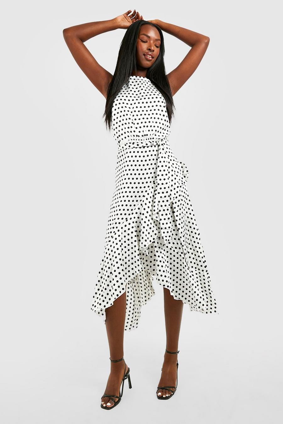 White Satin Polka Dot Frill Detail Midi Dress image number 1