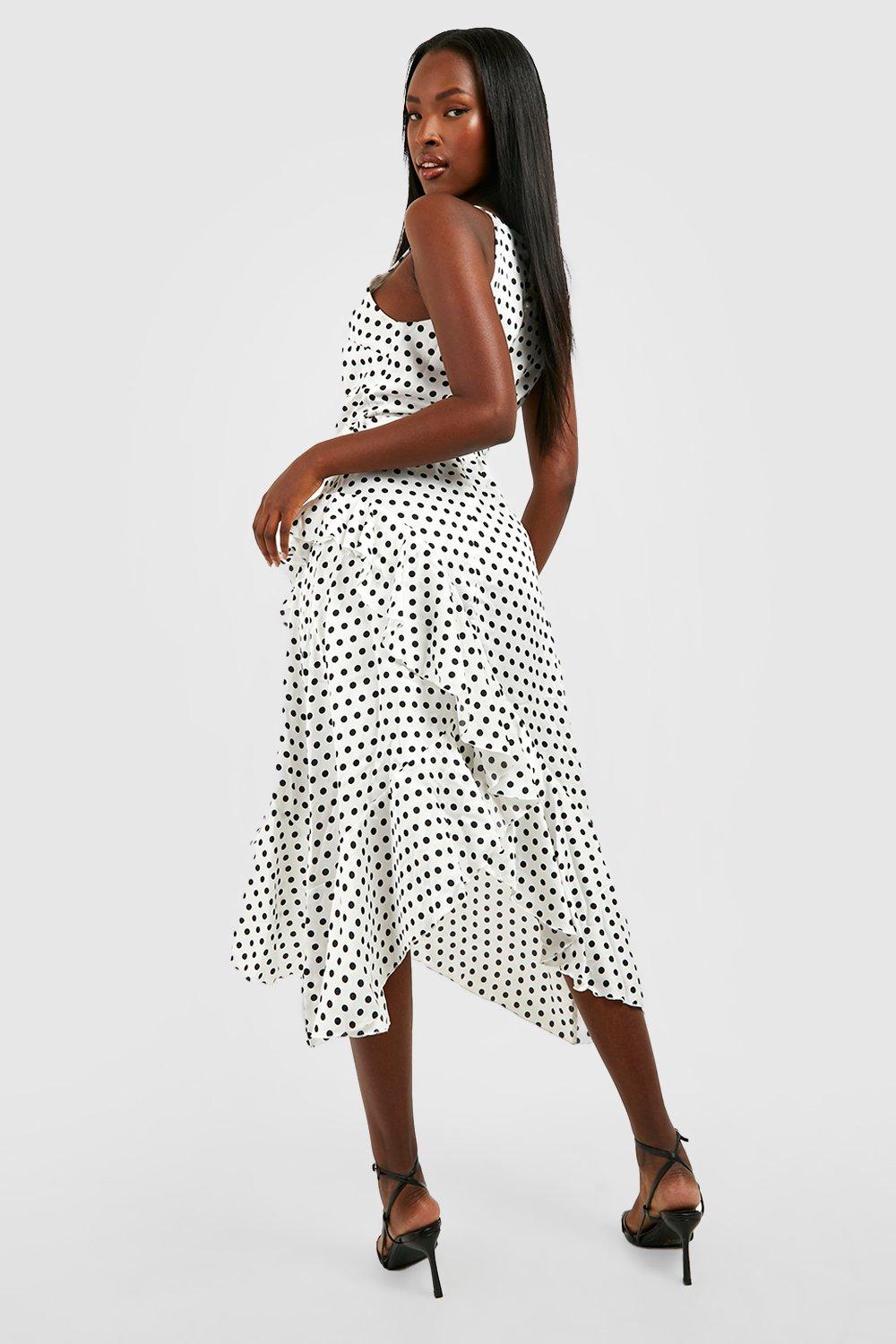 Satin Polka Dot Frill Detail Midi Dress