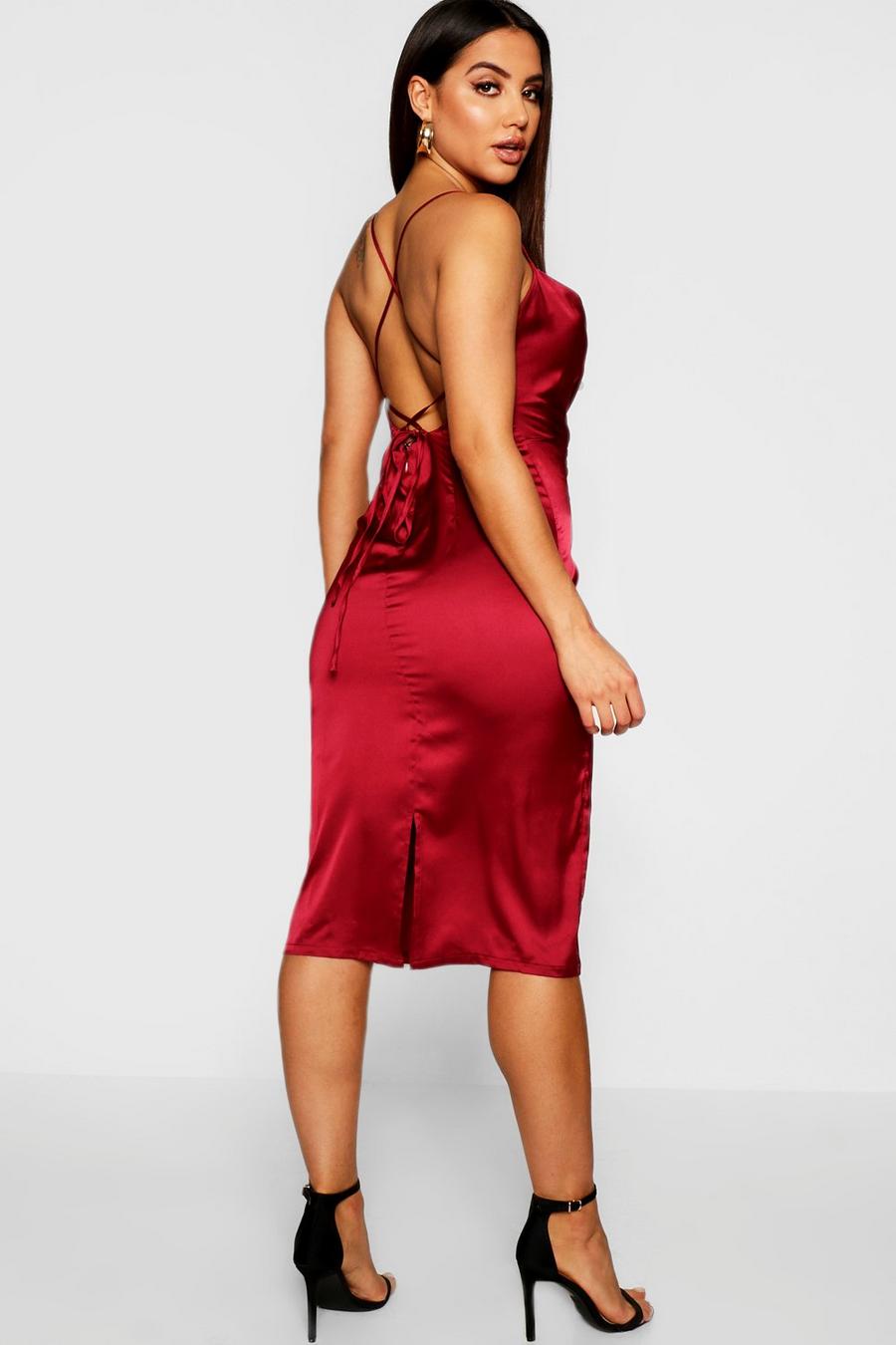 Berry Satin Cowl Neck Strappy Back Midi Dress image number 1