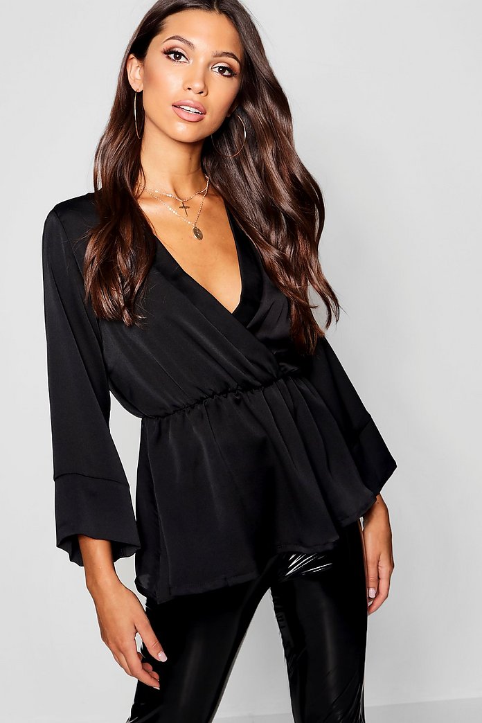 Satin Crepe Wrap Kimono Blouse | boohoo Satin Crepe Wrap Kimono Blouse | boohoo