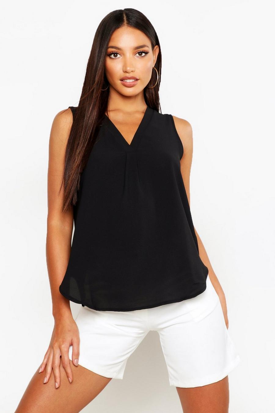 Woven Sleeveless V Neck Pleat Front Blouse image number 1