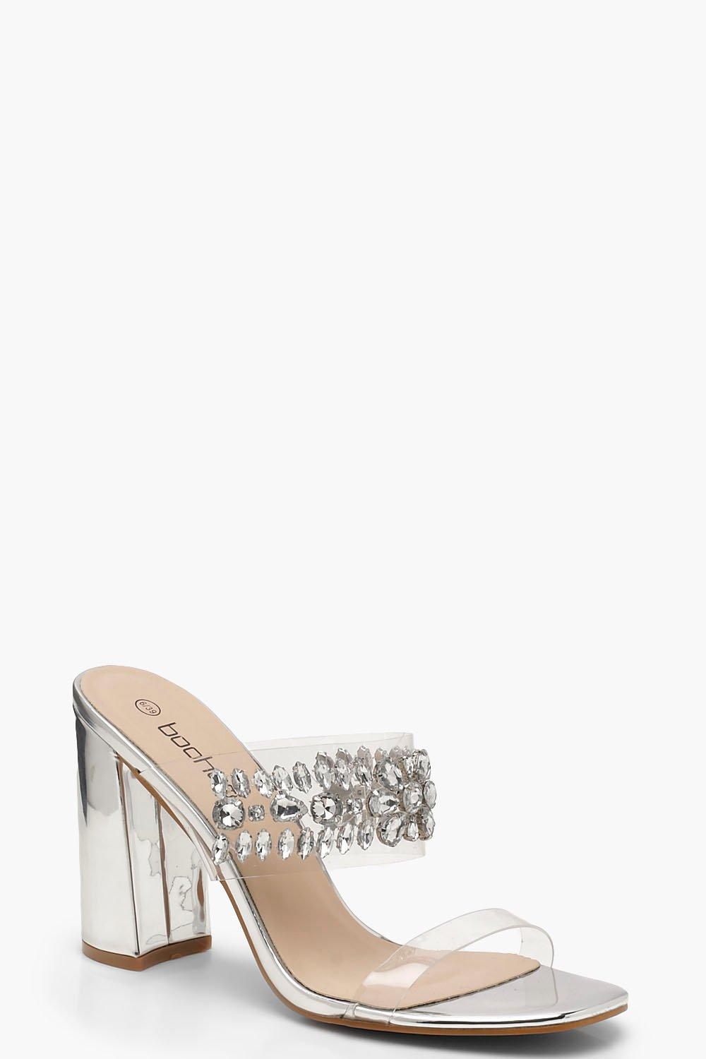 Embellished Clear Strap Mule Heels 