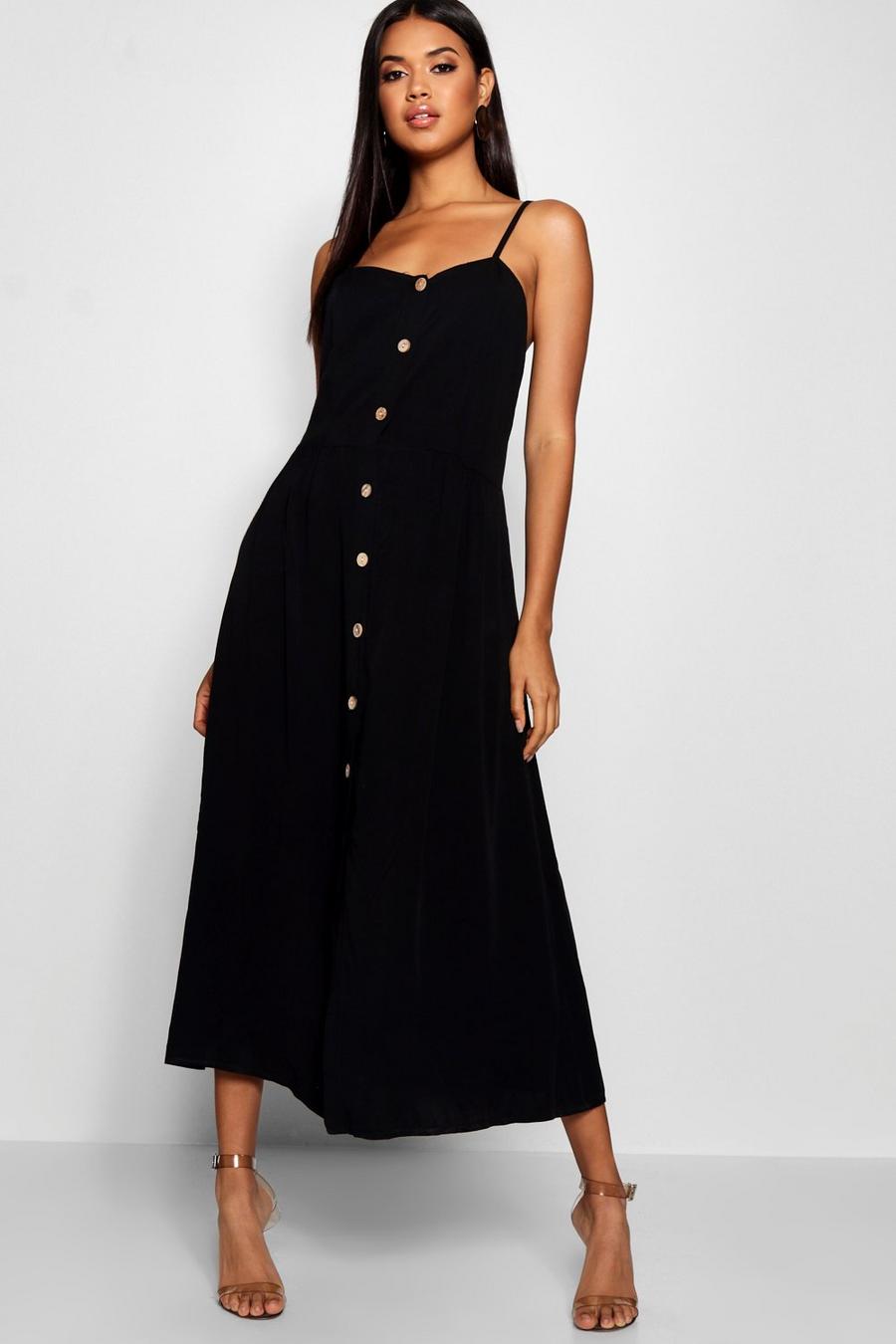 Black Woven Button Through Strappy Midi Dress image number 1