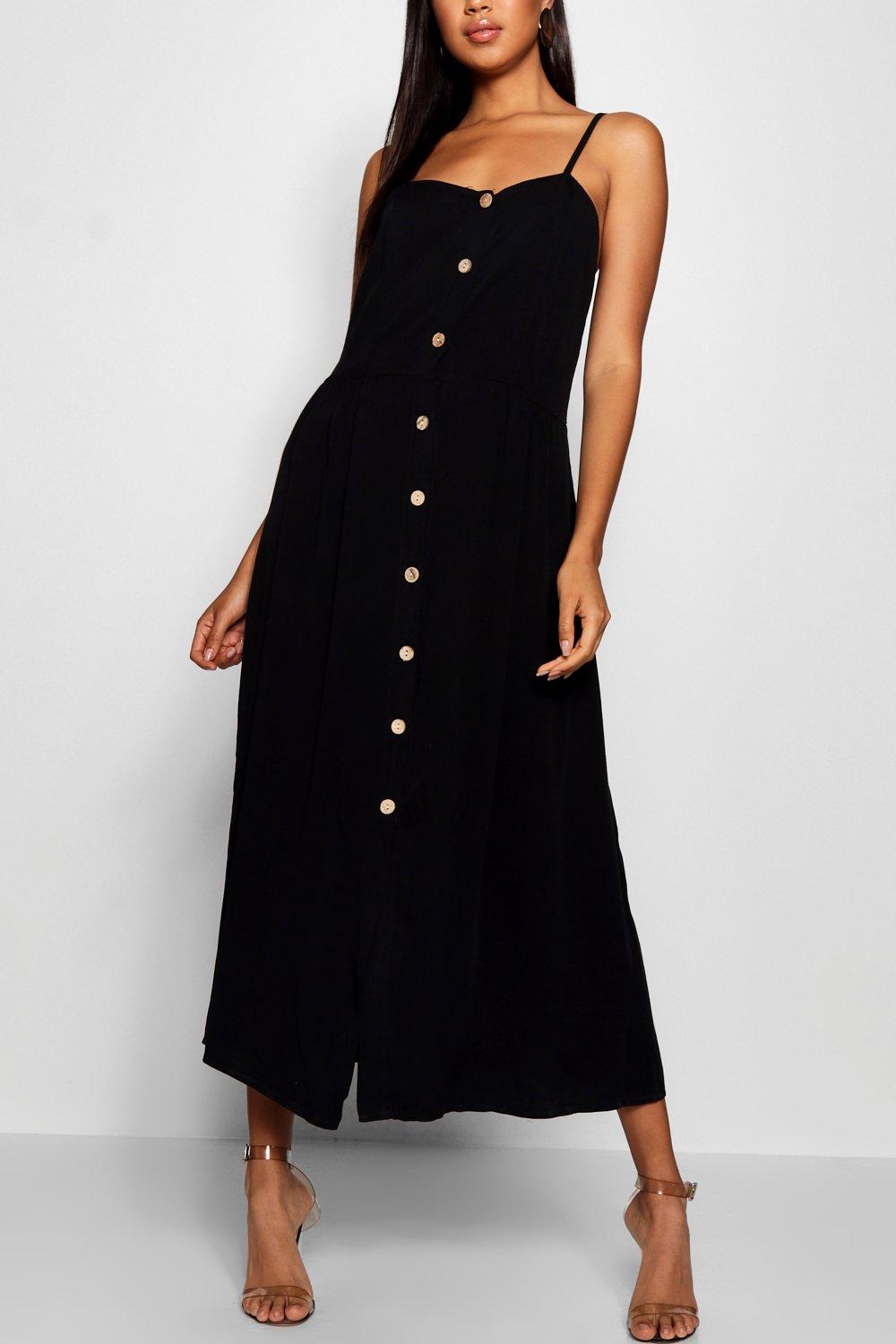 Woven Button Through Strappy Midi Dress