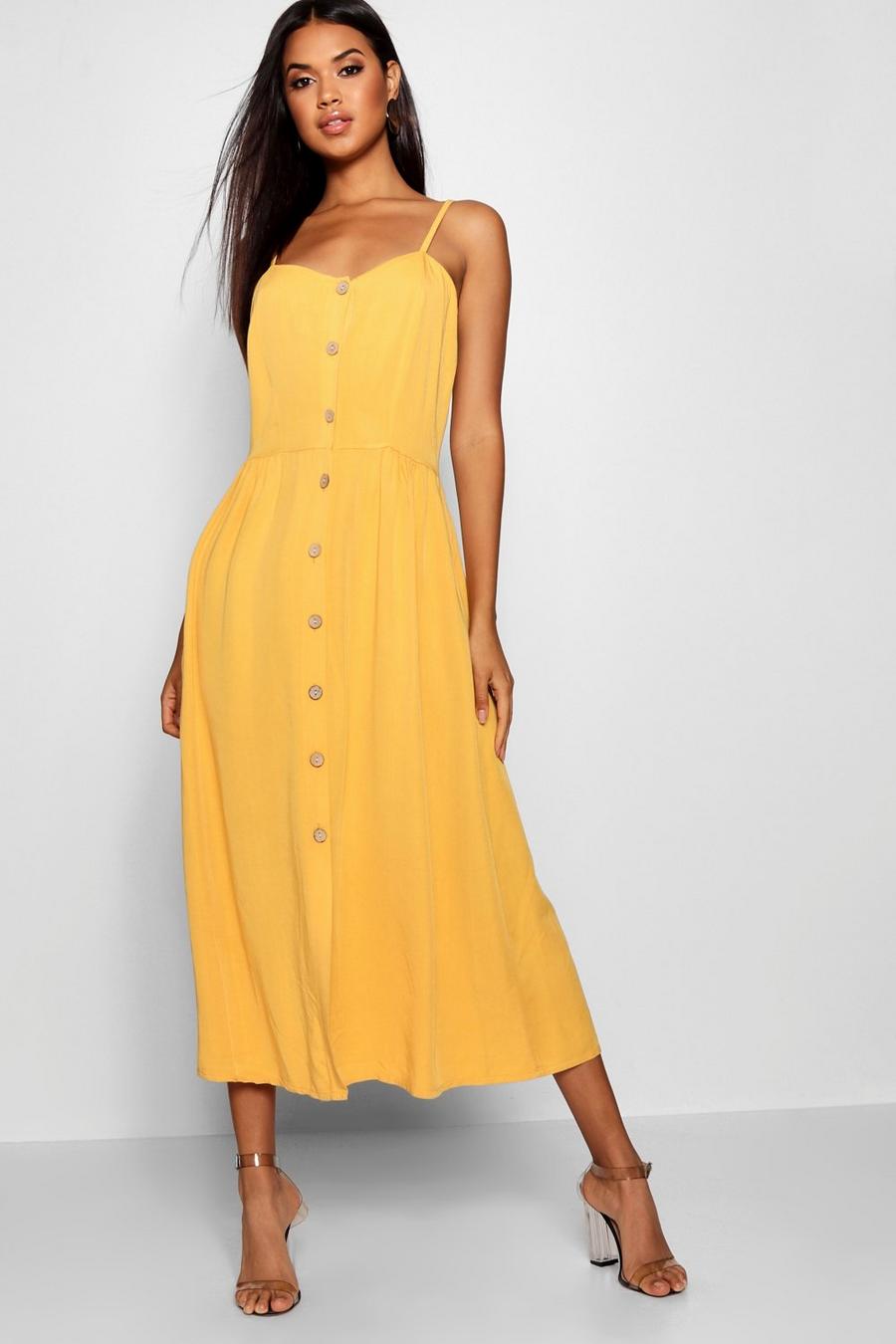 Mustard Woven Button Through Strappy Midi Dress image number 1