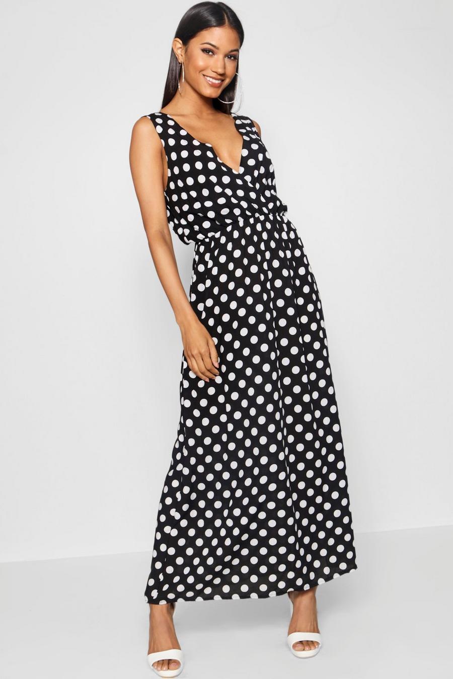 Black Large Scale Polka Dot Print Wrap Maxi Dress image number 1