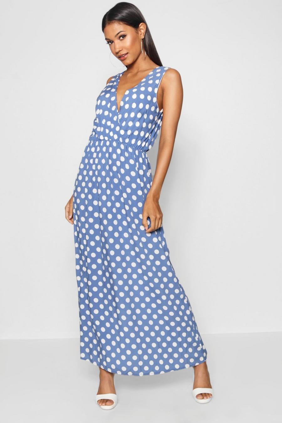 Blue Large Scale Polka Dot Print Wrap Maxi Dress image number 1