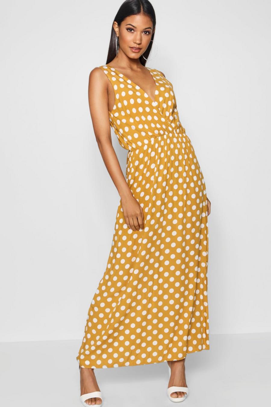 Mustard Large Scale Polka Dot Print Wrap Maxi Dress image number 1