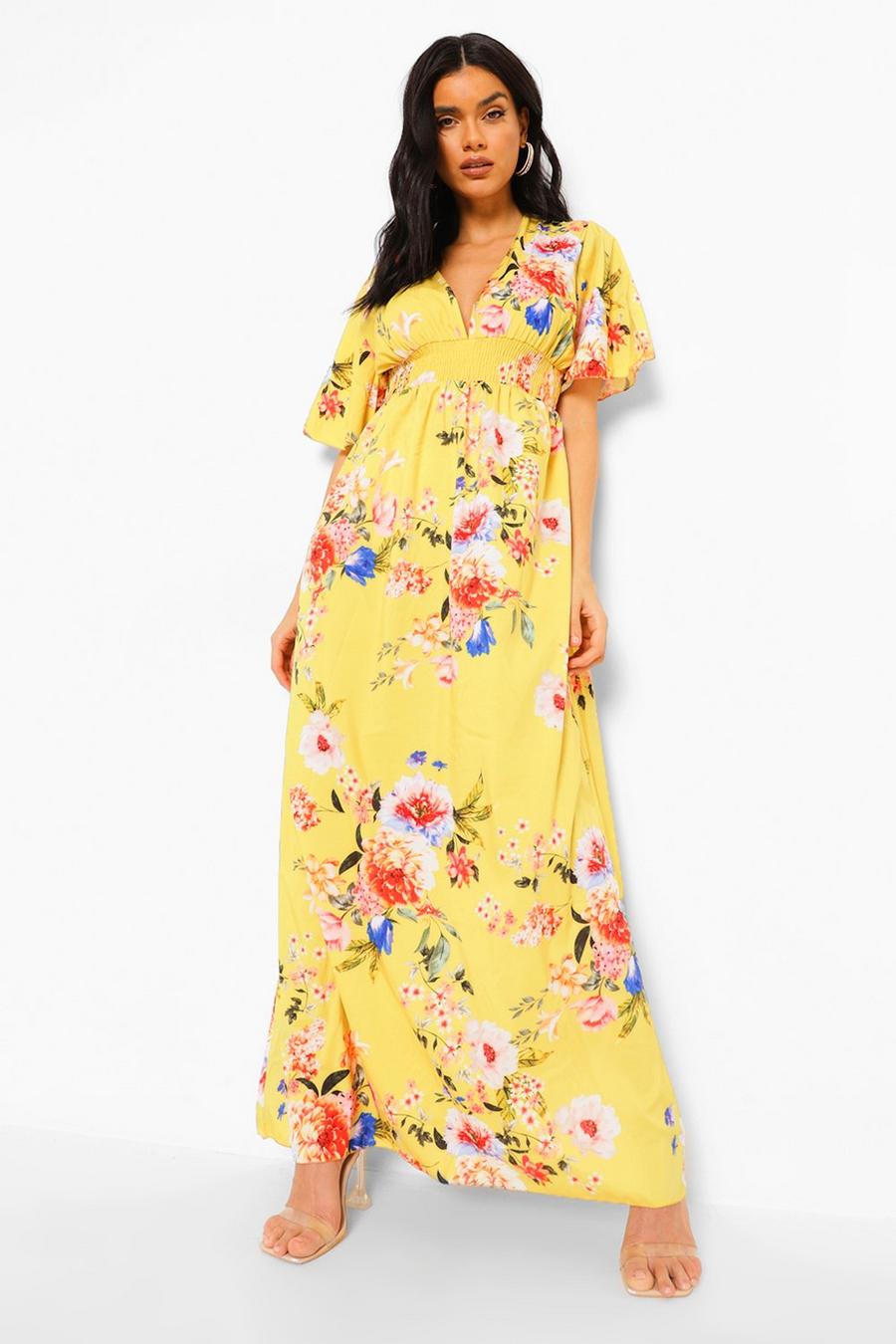 Mustard yellow Cap Sleeve Shirred Waist Floral Maxi Dress image number 1