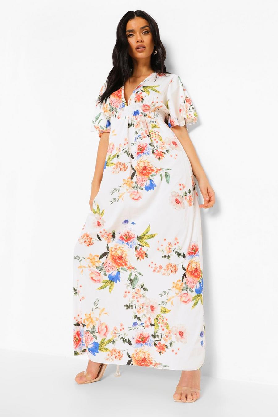 White Cap Sleeve Shirred Waist Floral Maxi Dress image number 1