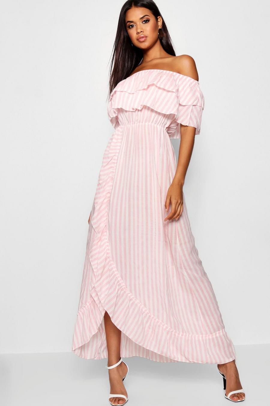 Pink Stripe Bardot Ruffle Split Hem Maxi Dress image number 1