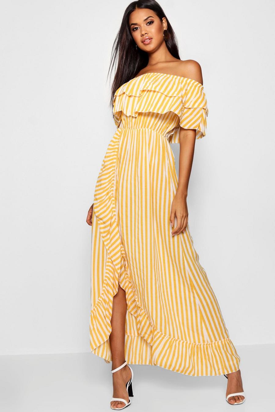 Yellow Stripe Bardot Ruffle Split Hem Maxi Dress image number 1