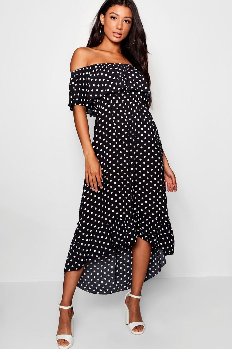 Black Woven Polka Dot Print Bardot Maxi Dress image number 1