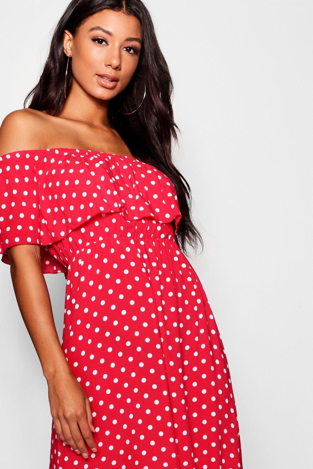 Red polka dot hot sale dress boohoo