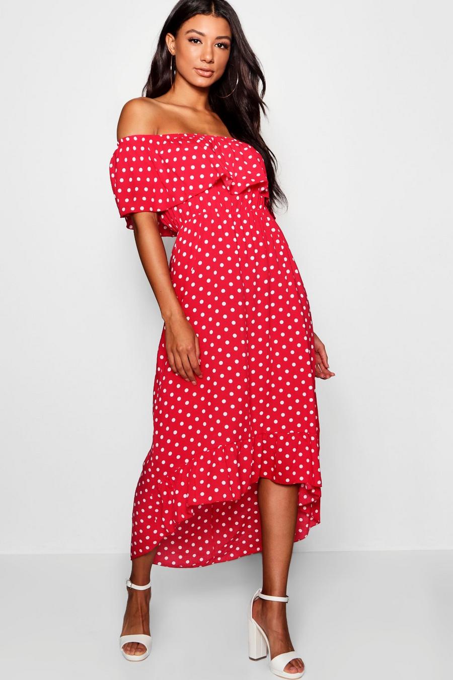 Red Woven Polka Dot Print Bardot Maxi Dress image number 1