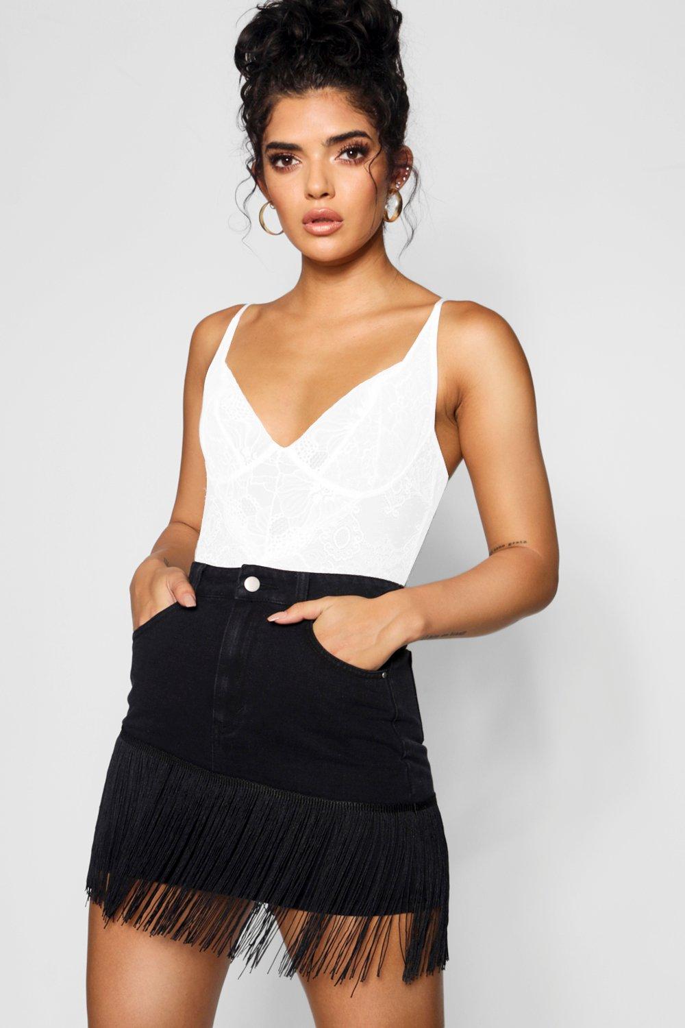 Fringe Denim Skirt | boohoo