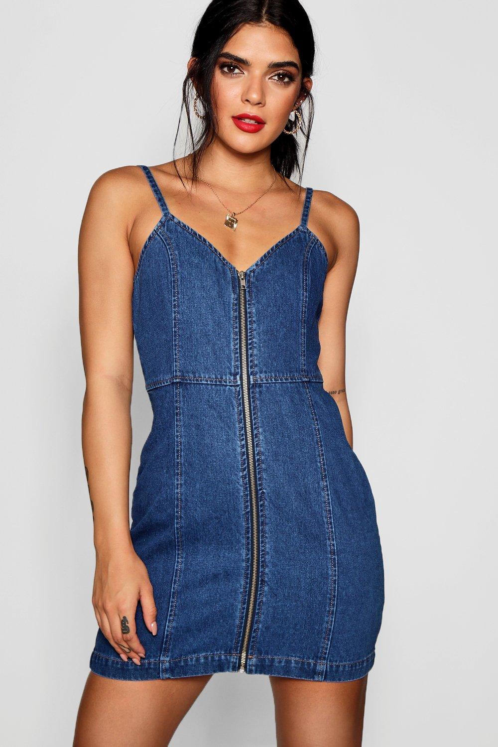 denim dress with zipper in front