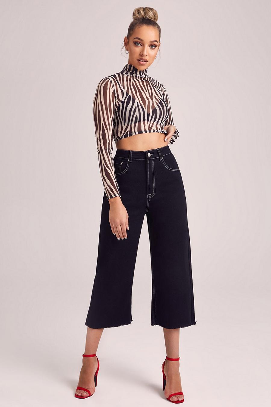 High Rise Contrast Stitch Crop Wide Leg Jeans image number 1