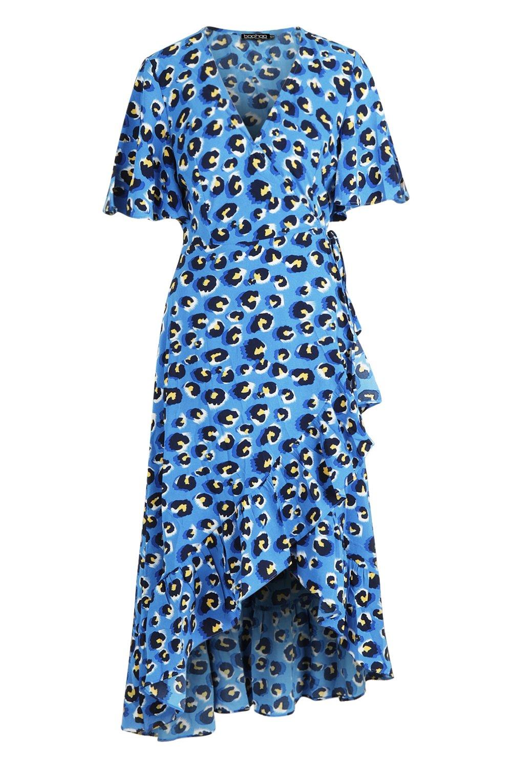 Women's Leopard Print Longline Frill Tie Belted Wrap Over Plunge Summer Dress UK 
