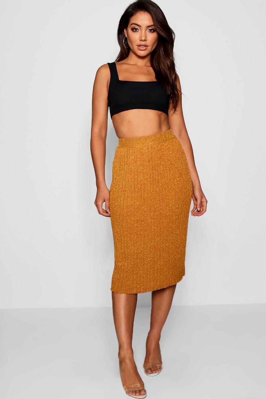 Gold Metallic Pleated Knitted Midi Skirt image number 1