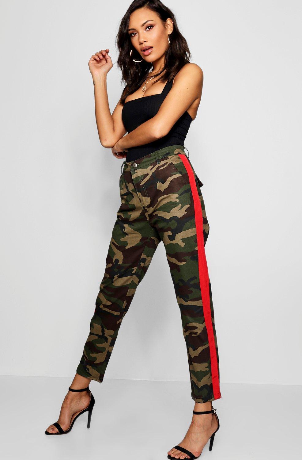 camo pants with red and blue stripe