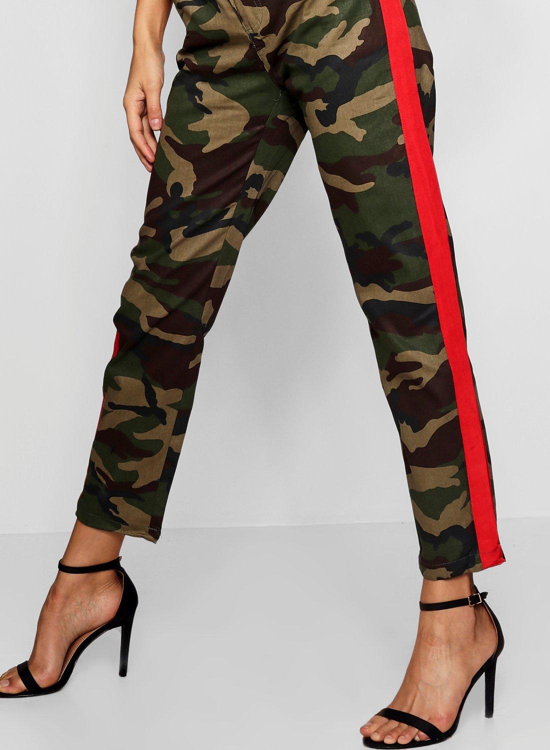 camouflage pants with red stripe