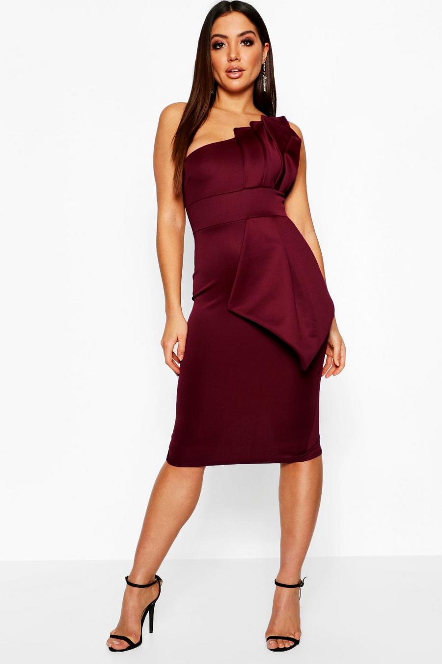 Berry One Shoulder Pleated Detail Midi Dress image number 1