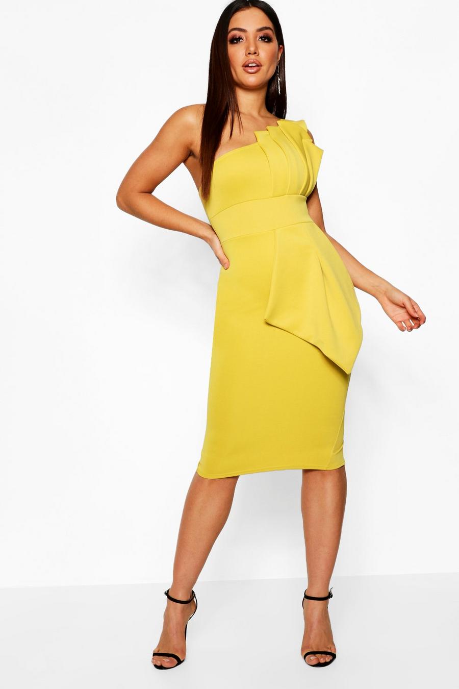 Chartreuse One Shoulder Pleated Detail Midi Dress image number 1