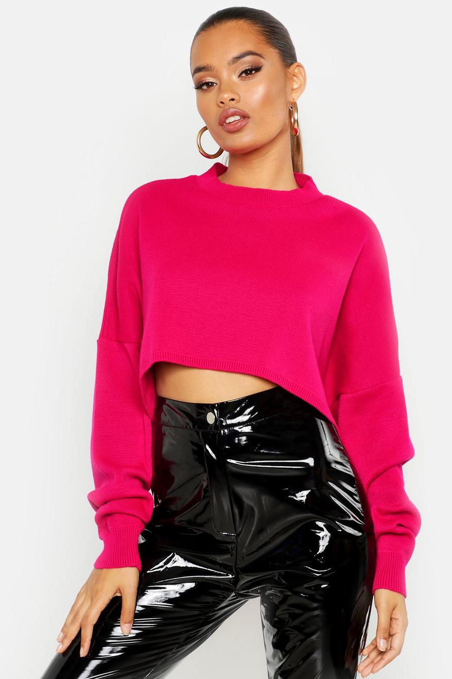 Hot pink Oversized Sleeve Crop Boxy Sweater image number 1