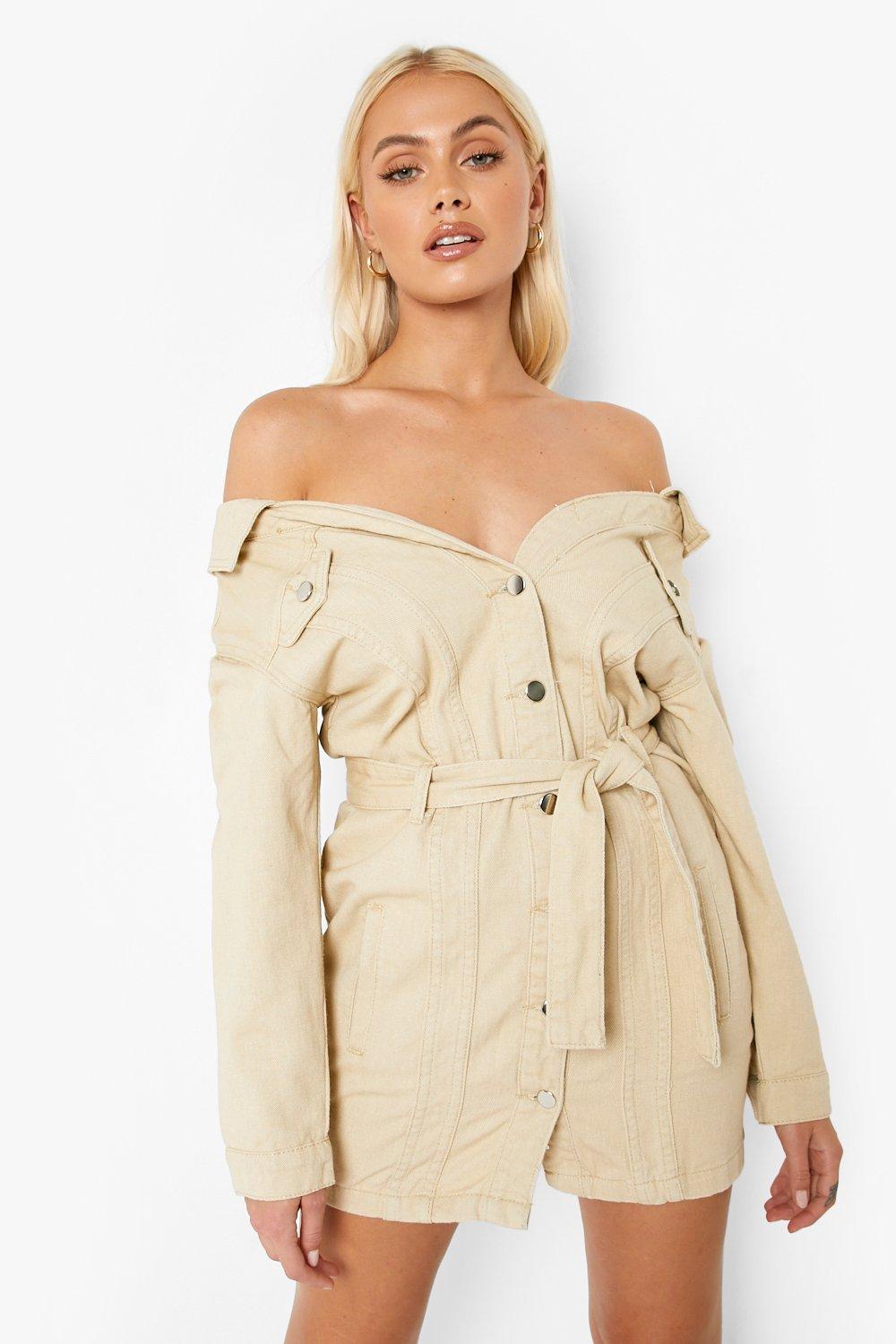 Boohoo denim off the hotsell shoulder dress