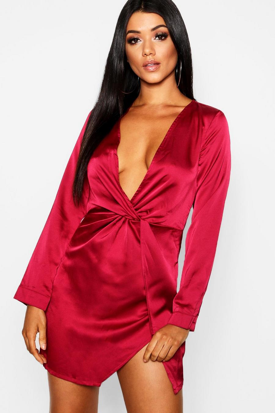 Berry Satin Twist Knot Detail Dress image number 1