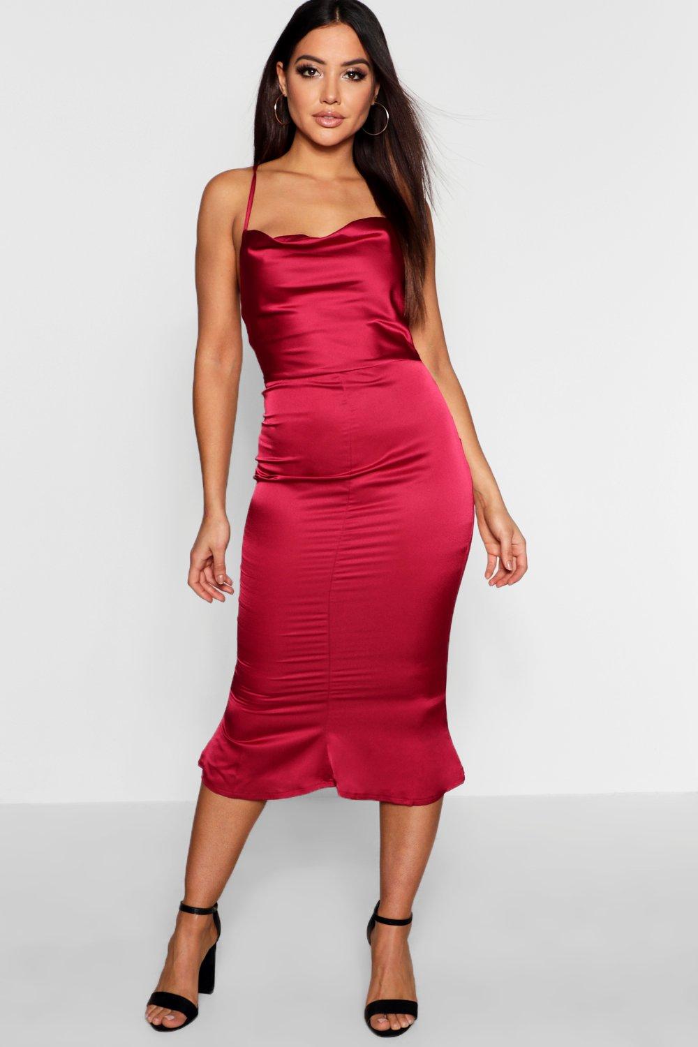 satin cowl neck lace up fishtail midi dress