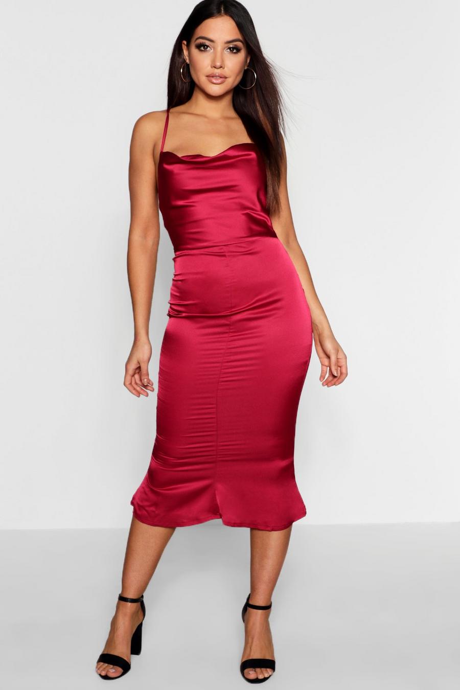 Berry Satin Cowl Neck Lace Up Fish Tail Midi Dress image number 1