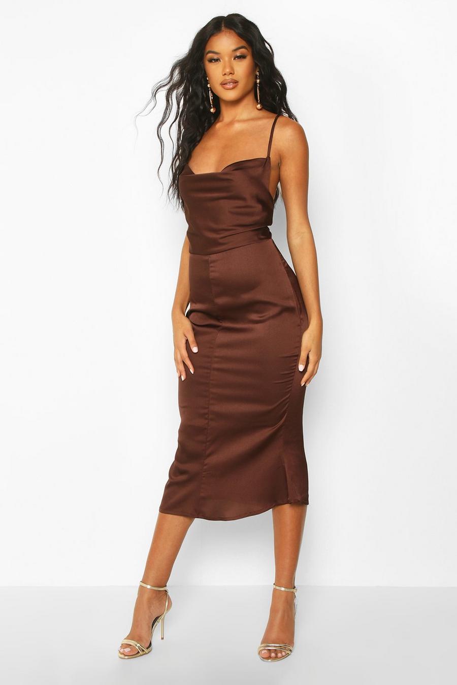 Chocolate Satin Cowl Neck Lace Up Fish Tail Midi Dress image number 1
