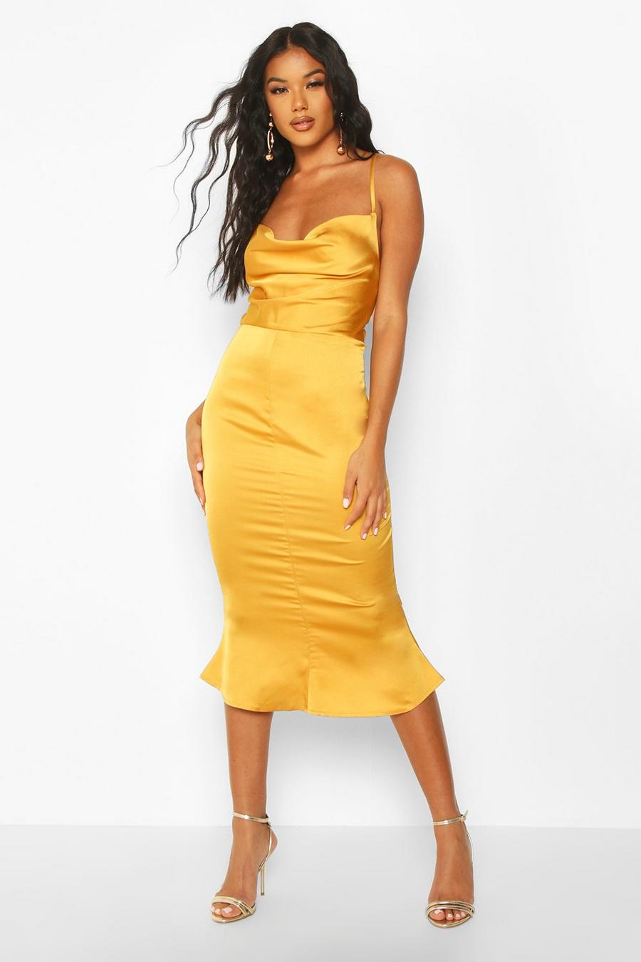 Mustard Satin Cowl Neck Lace Up Fish Tail Midi Dress image number 1