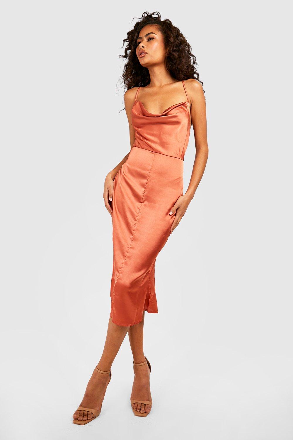 satin cowl neck lace up fishtail midi dress