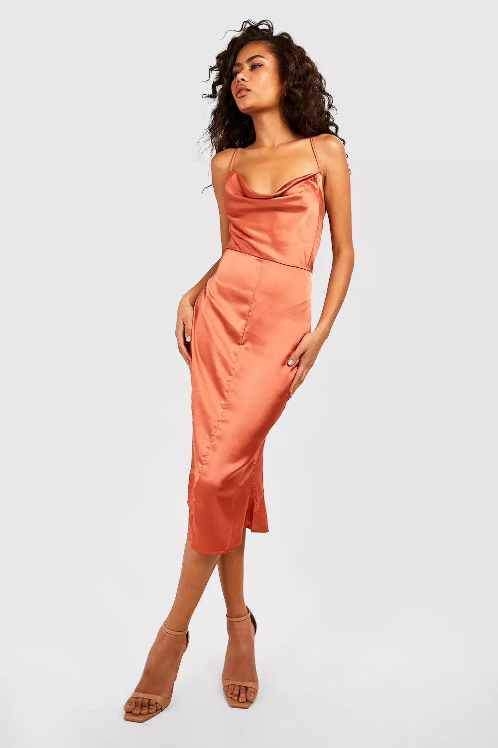 Orange satin outlet cowl neck dress