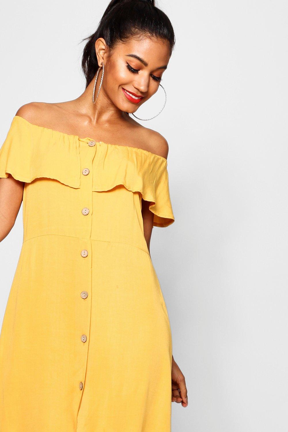 Off The Shoulder Button Front Dress