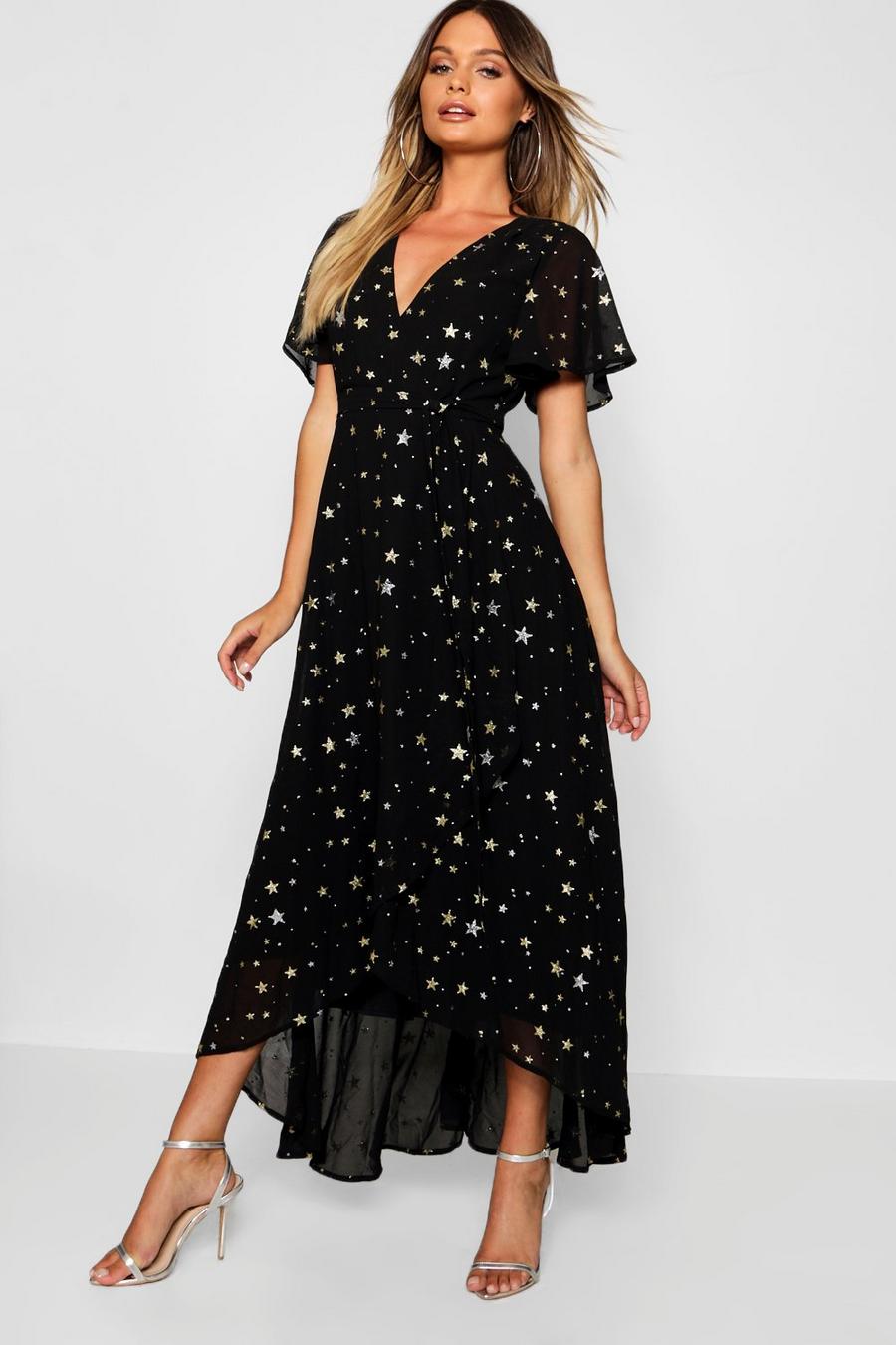 Vestido maxi cruzado con estampado metálico de estrellas, Negro image number 1