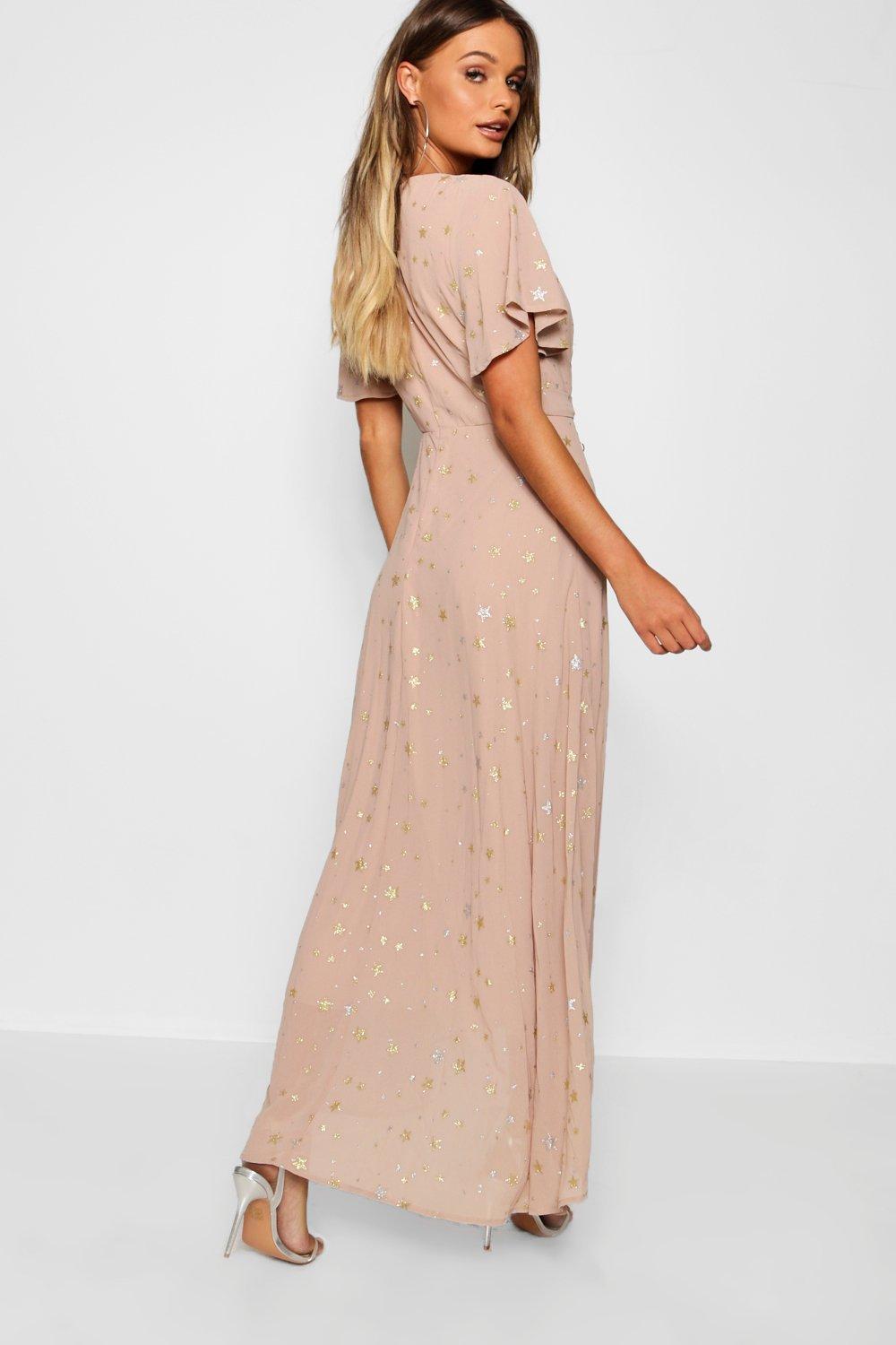 Boohoo star print store wrap midi dress