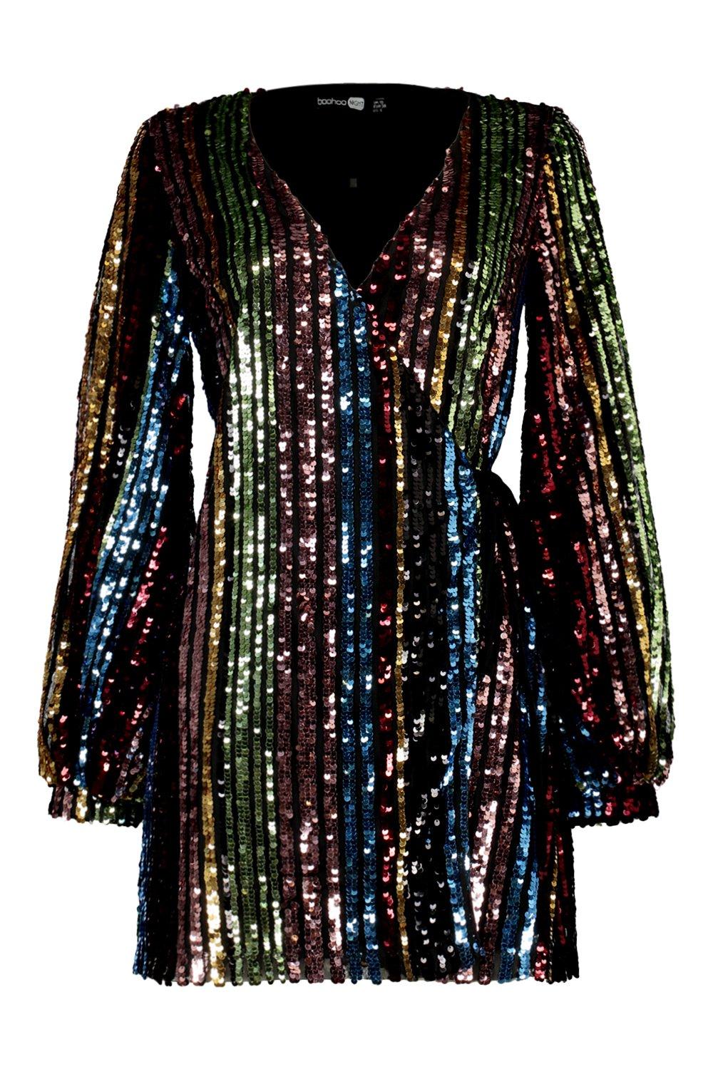 rainbow sequin blouson sleeve wrap dress