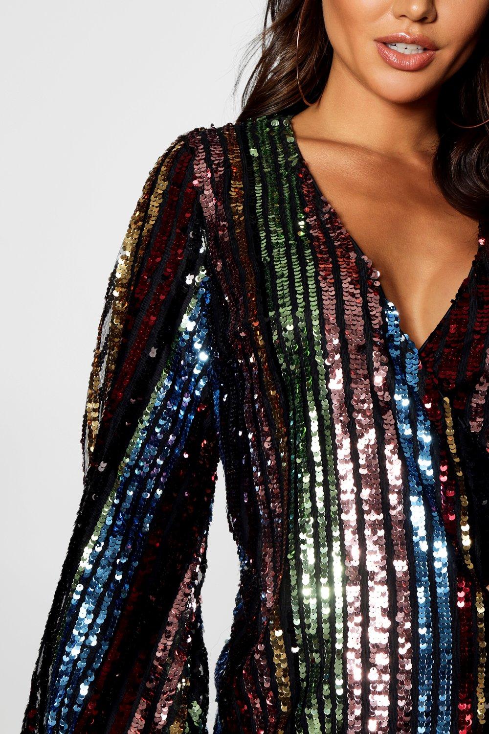 rainbow sequin blouson sleeve wrap dress