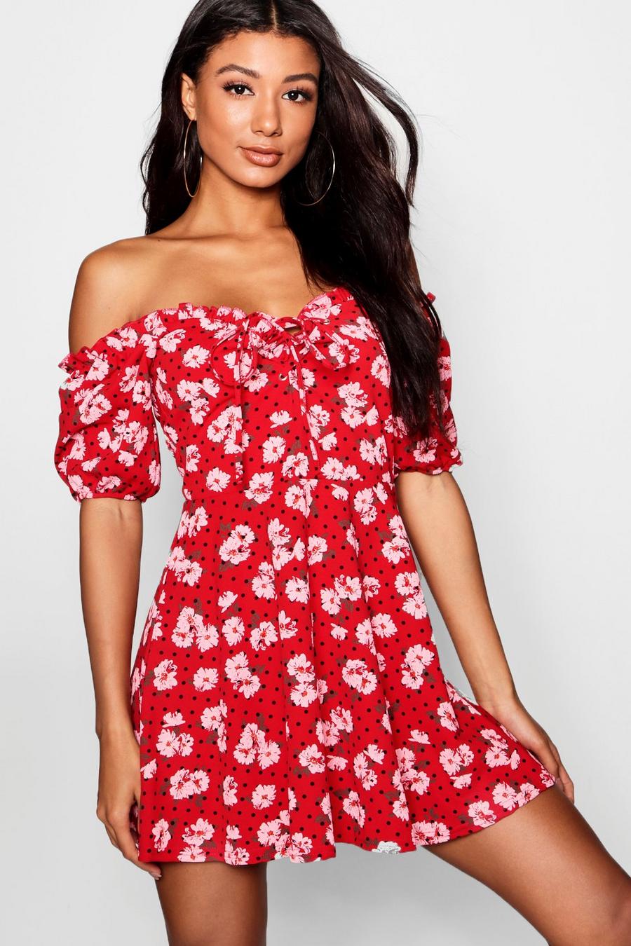 Floral Lace Up Front Puff Sleeve Skater Dress image number 1
