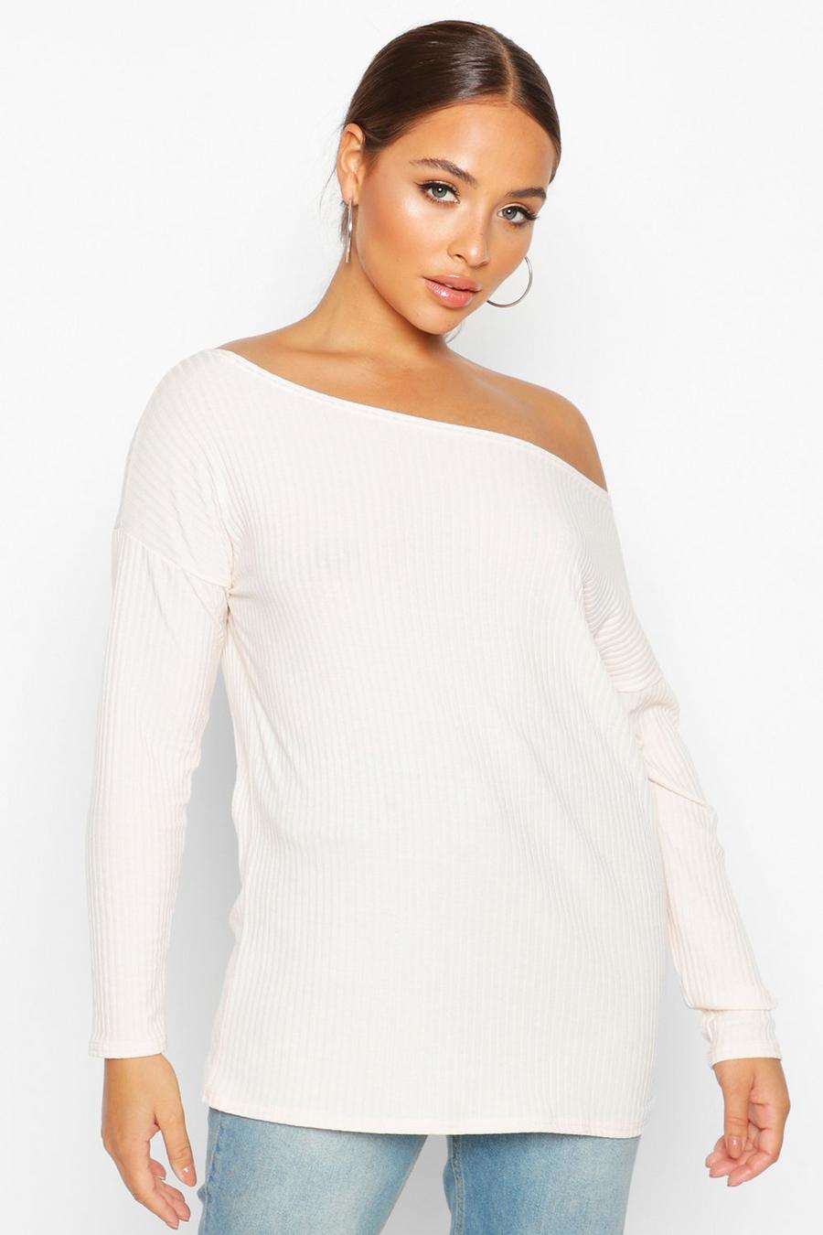 Ecru Off The Shoulder Oversized Rib Knitted Sweater image number 1