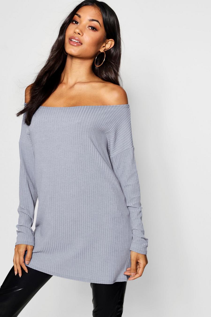 Grey Off The Shoulder Oversized Rib Knitted Sweater image number 1