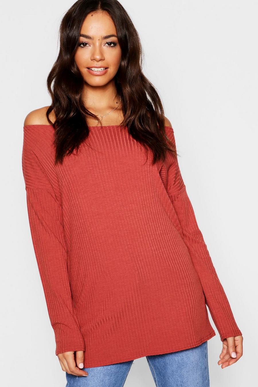 Rust Off The Shoulder Oversized Rib Knitted Jumper image number 1